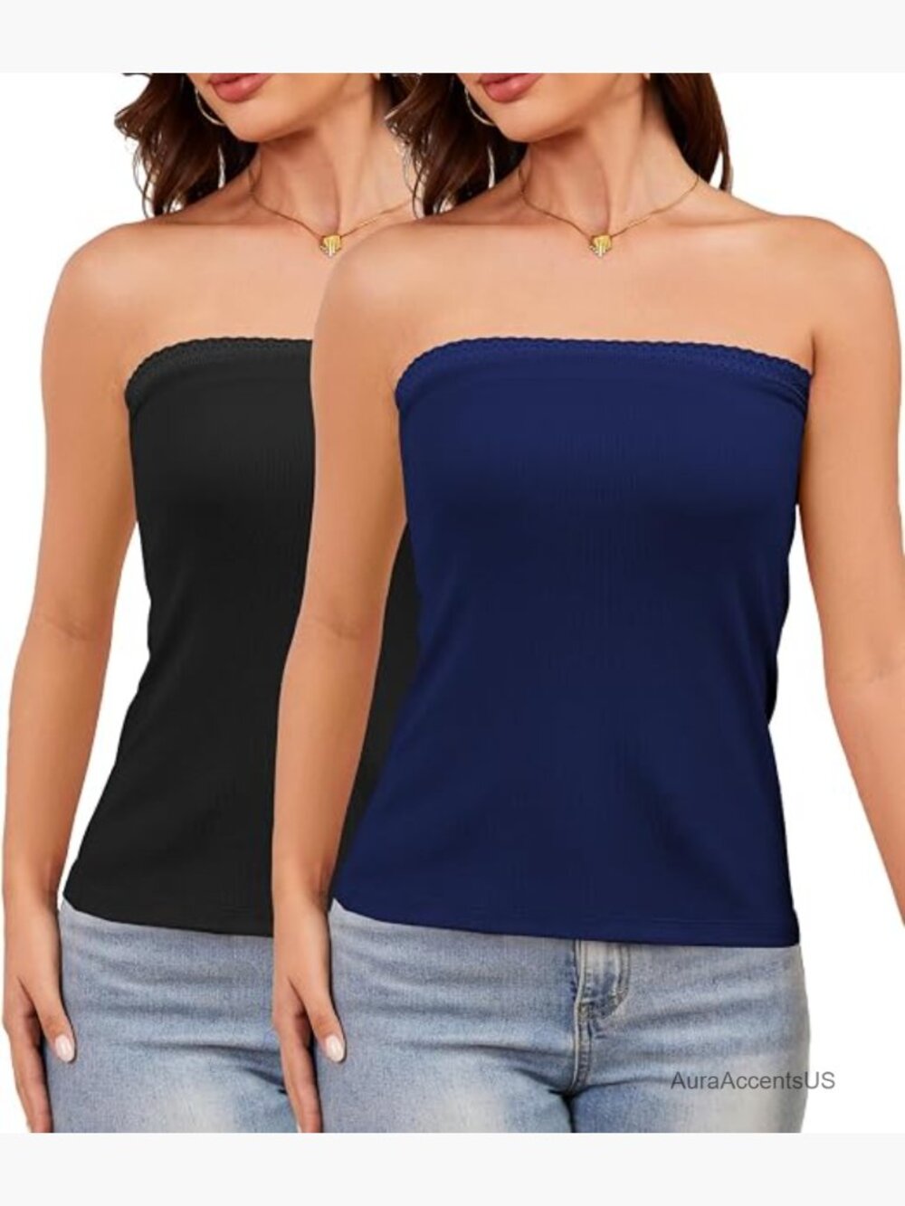 2 Pack Lace Trim Ribbed Tube Tops Women Stretch Bandeau Strapless Undershirt